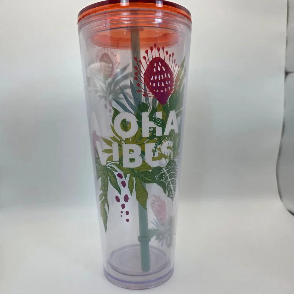 Starbucks Tumbler 24oz Clear Aloha Vibes Tropical Floral Cold Cup‎ Straw
